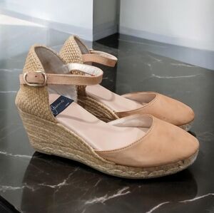 Giamo Wedge Raffia Espadrilles Tan Cognac Leather Suede Womans Sandals 5.5